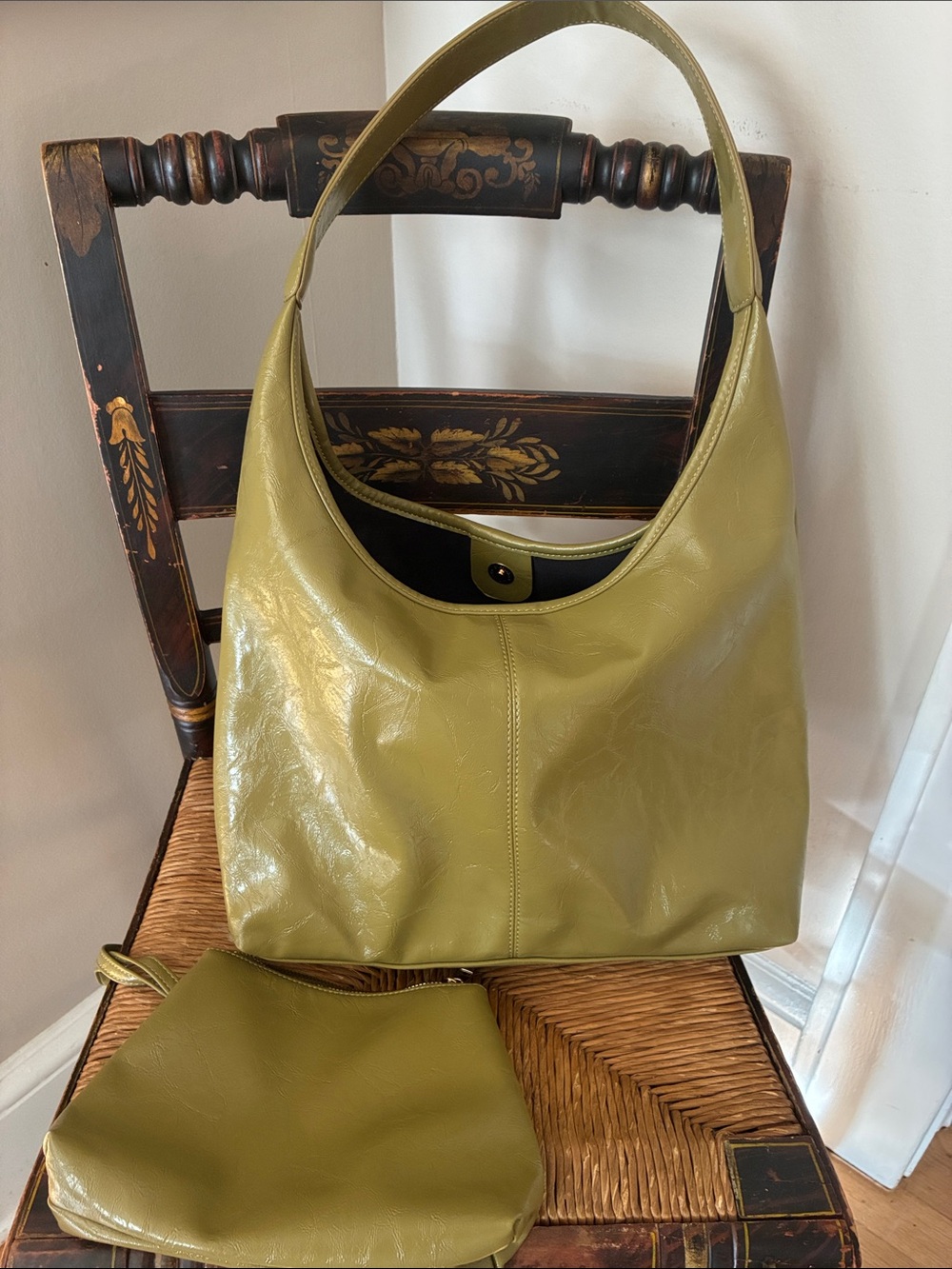 Olive Green Leather Hobo Bag with Pouch